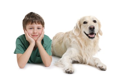 Boy with his cute dog on white background