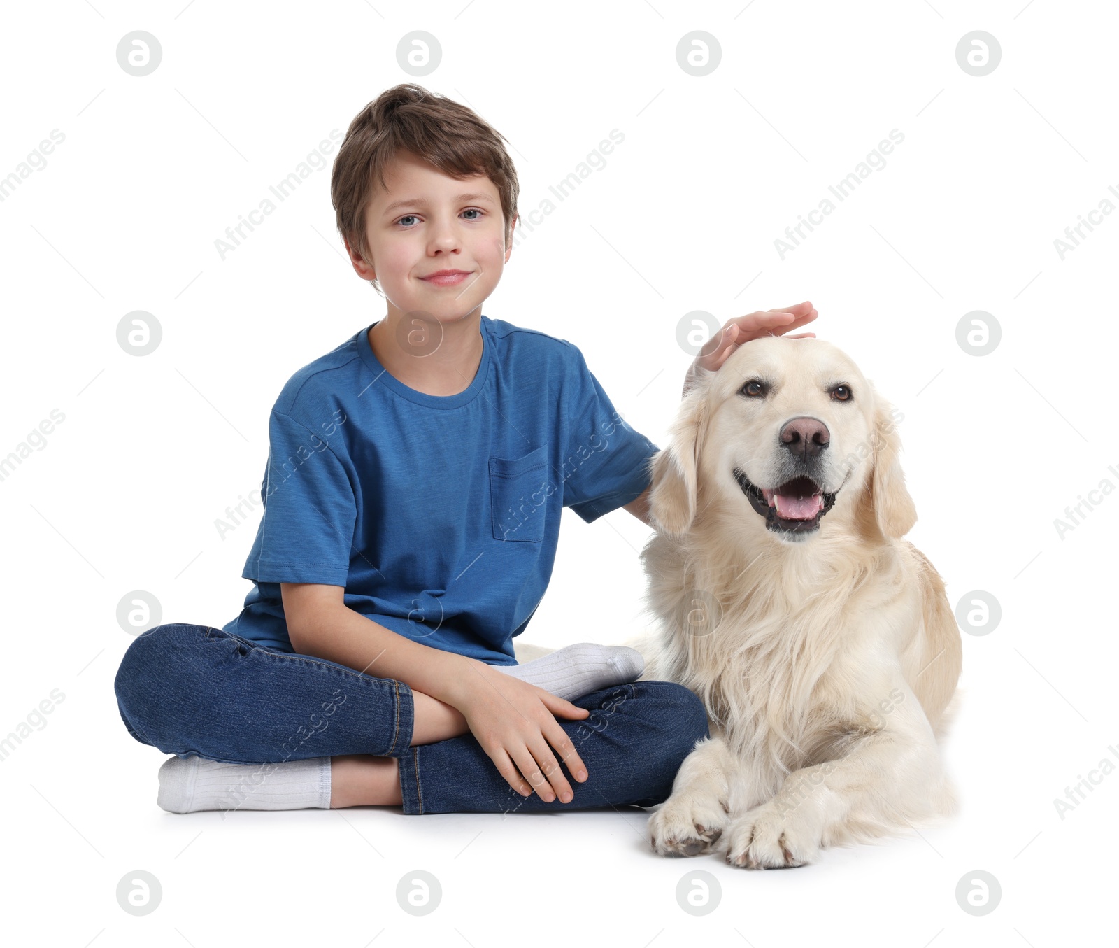 Photo of Boy with his cute dog on white background