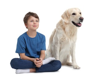 Boy with his cute dog on white background