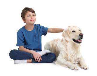 Photo of Boy with his cute dog on white background