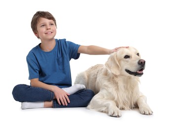 Photo of Boy with his cute dog on white background