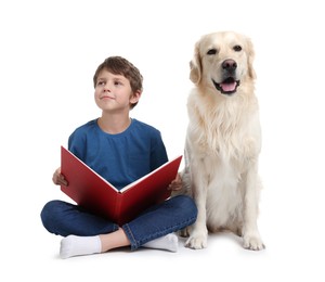 Photo of Boy reading book with his cute dog on white background