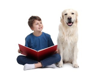 Photo of Boy reading book with his cute dog on white background