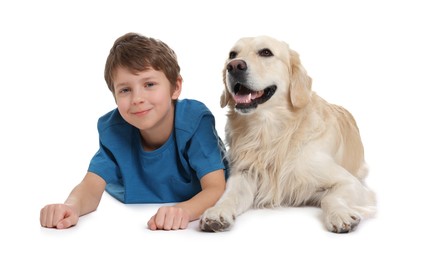 Photo of Boy with his cute dog on white background