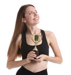 Photo of Happy winner with gold trophy cup on white background