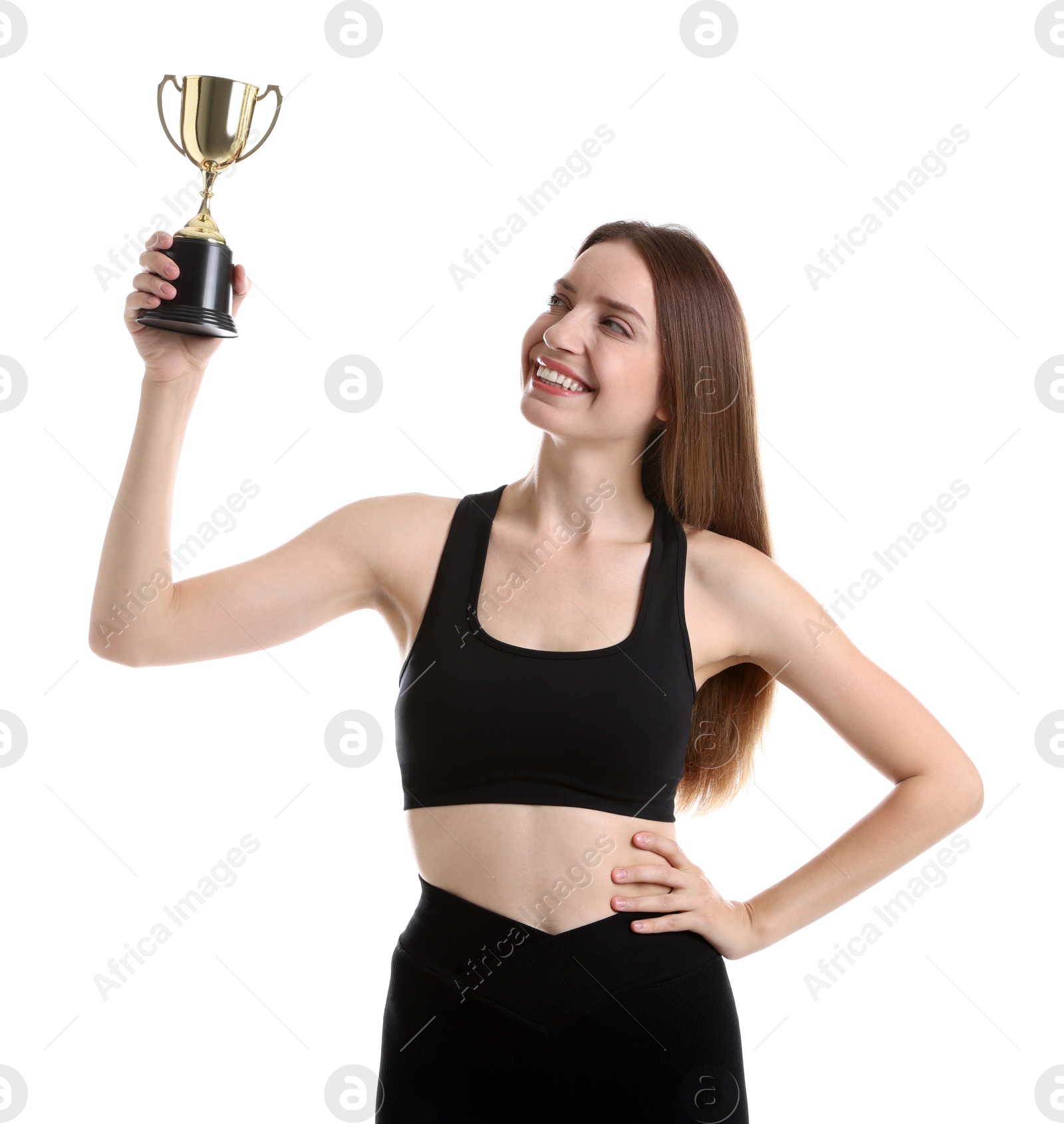 Photo of Happy winner with gold trophy cup on white background