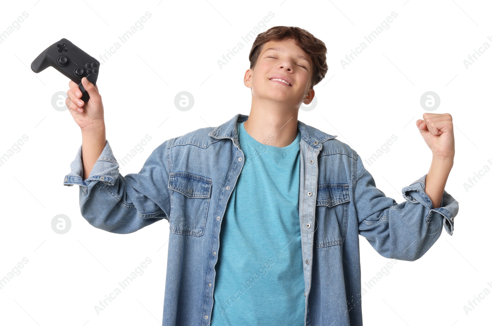 Photo of Happy teenage boy with controller on white background