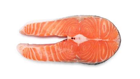 Photo of Steak of fresh raw salmon isolated on white, top view