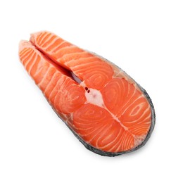 Photo of Steak of fresh raw salmon isolated on white, top view