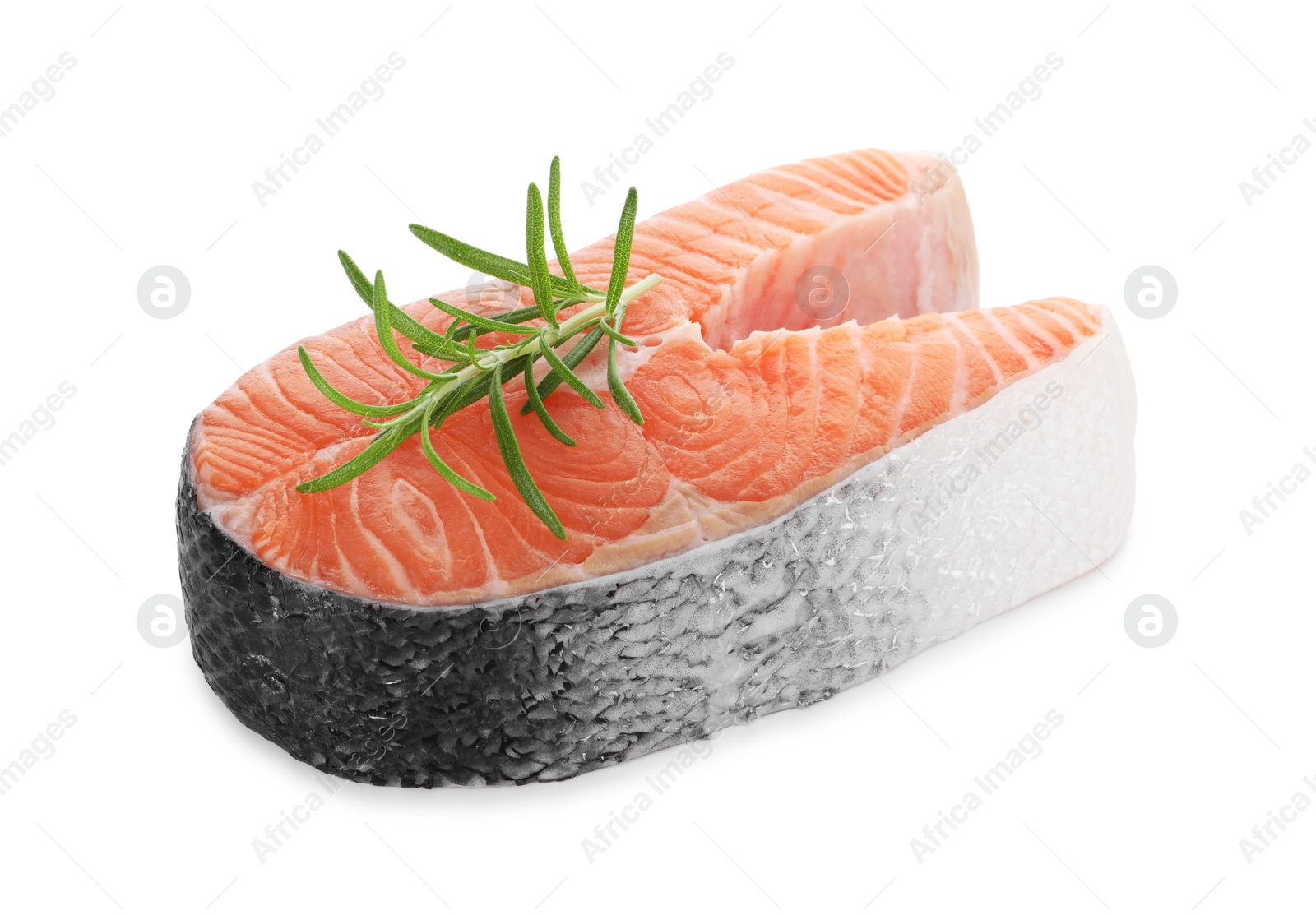 Photo of Steak of fresh raw salmon and rosemary isolated on white