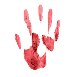 Photo of Bloody handprint isolated on white, top view