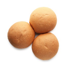 Photo of Three fresh tasty buns isolated on white, top view