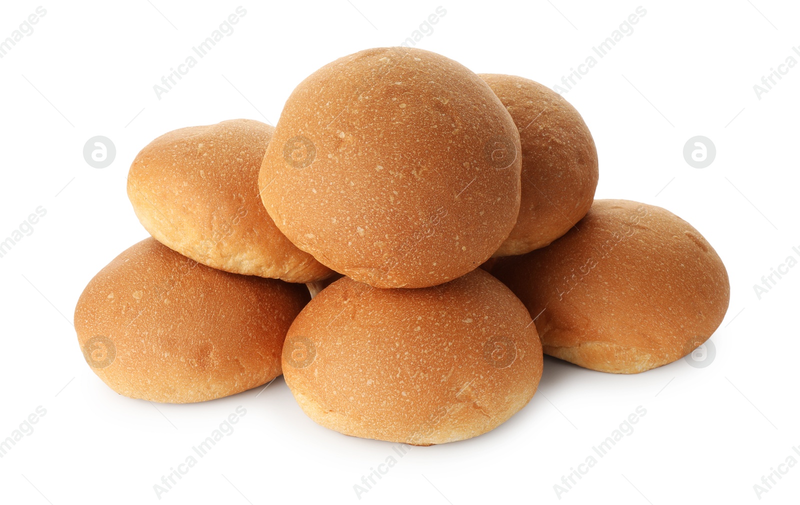 Photo of Many fresh tasty buns isolated on white