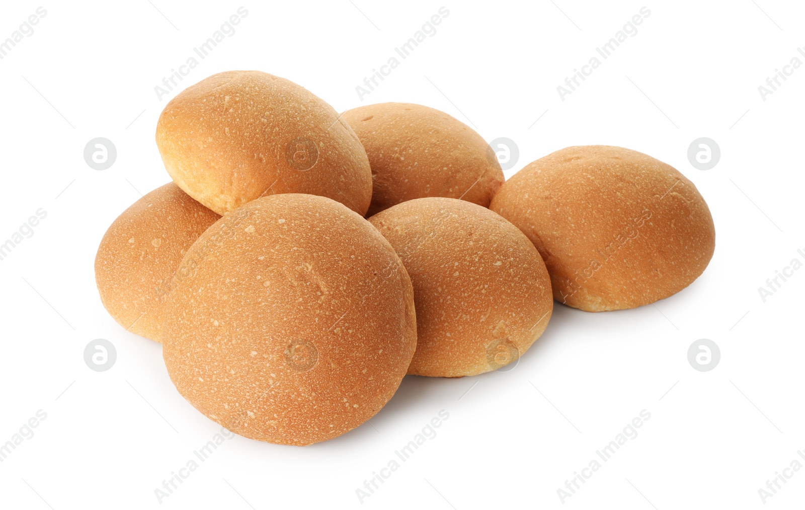 Photo of Many fresh tasty buns isolated on white