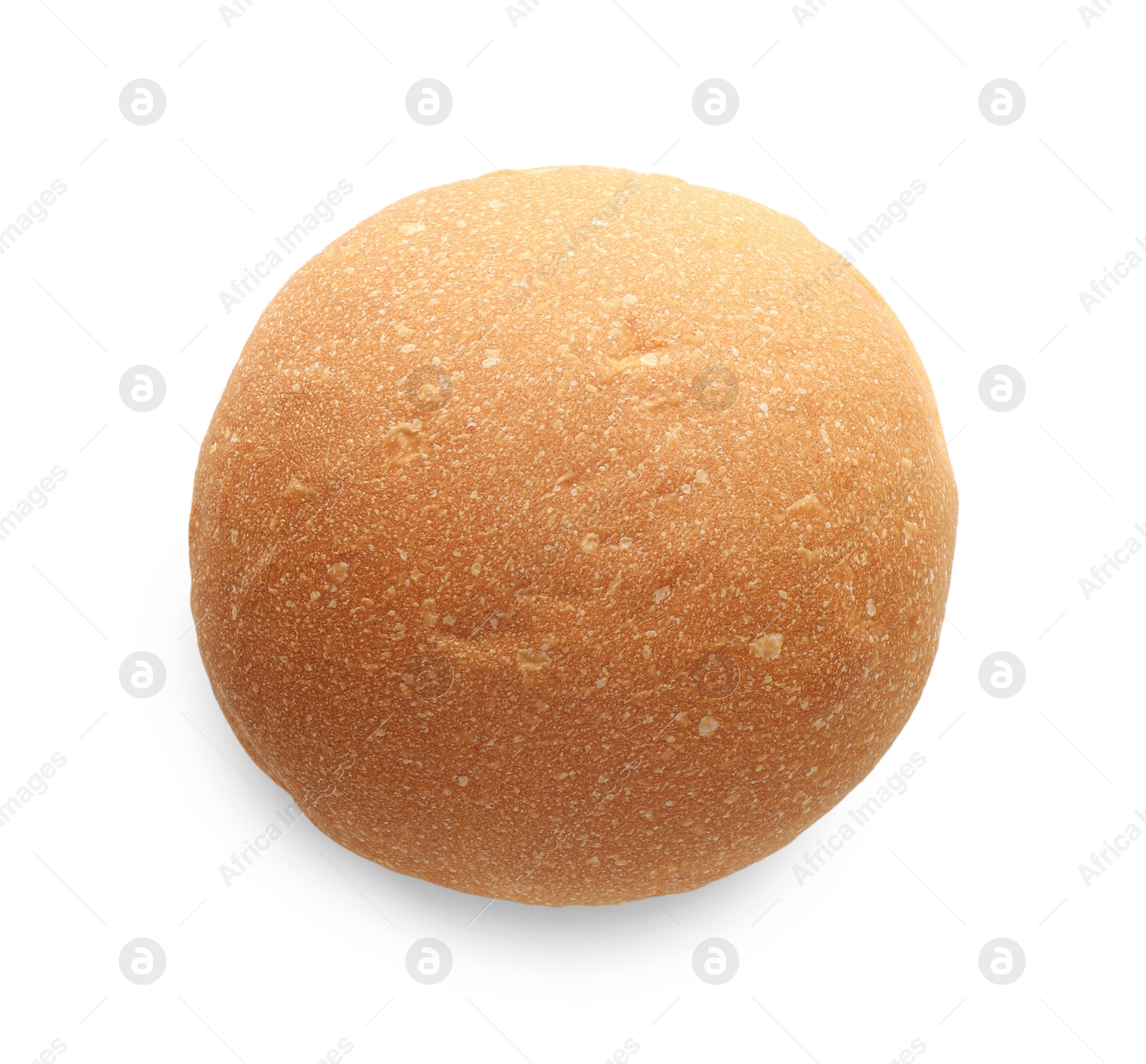 Photo of One fresh tasty bun isolated on white, top view