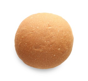 Photo of One fresh tasty bun isolated on white, top view