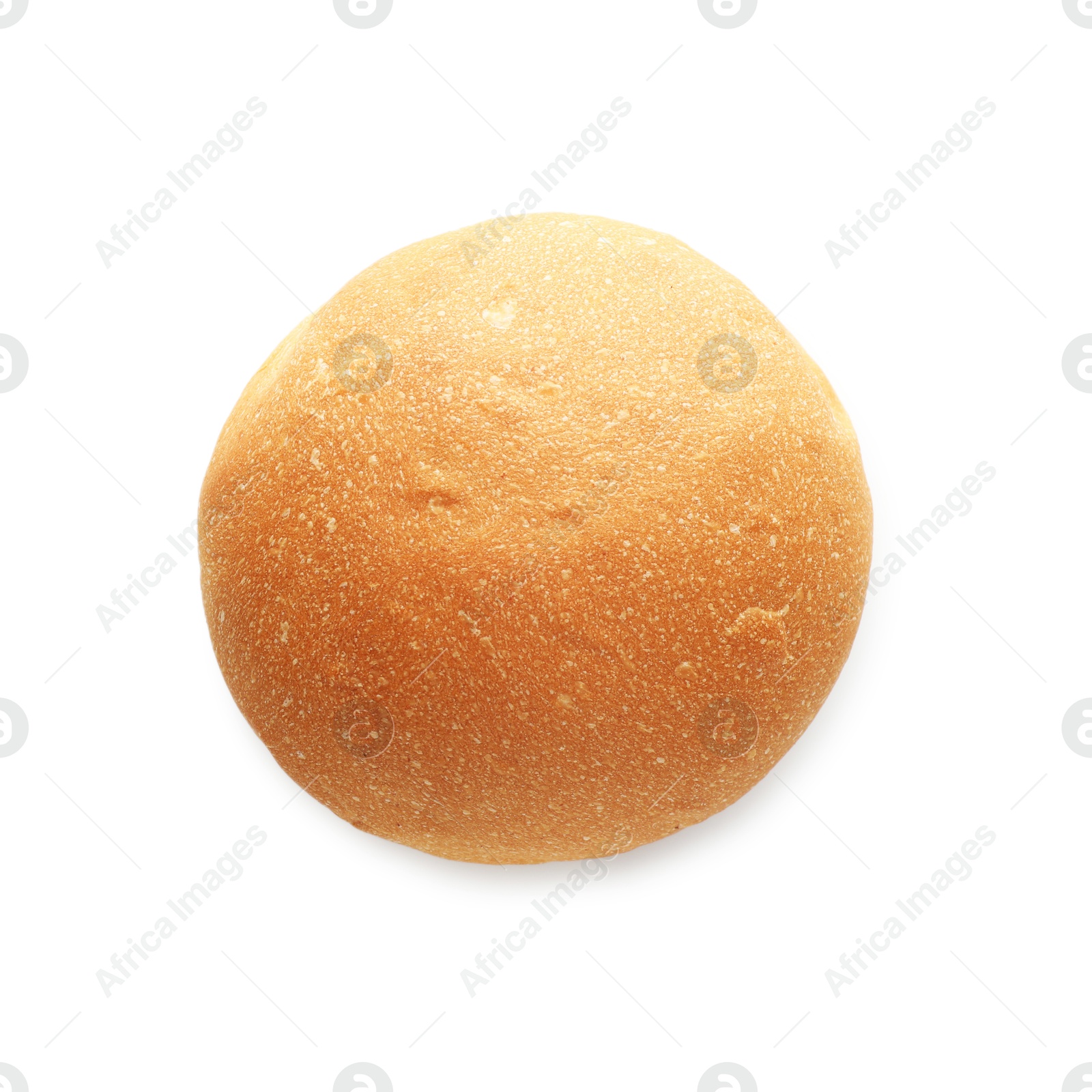 Photo of One fresh tasty bun isolated on white, top view