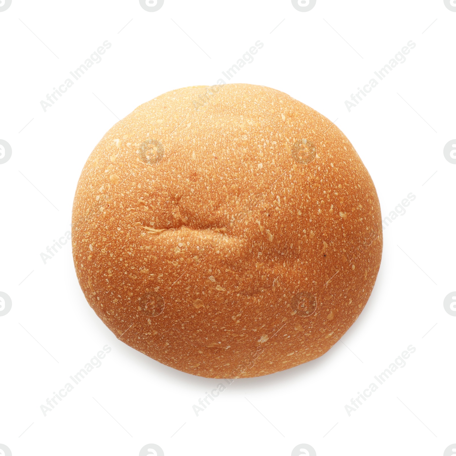 Photo of One fresh tasty bun isolated on white, top view