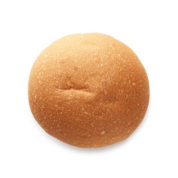 Photo of One fresh tasty bun isolated on white, top view