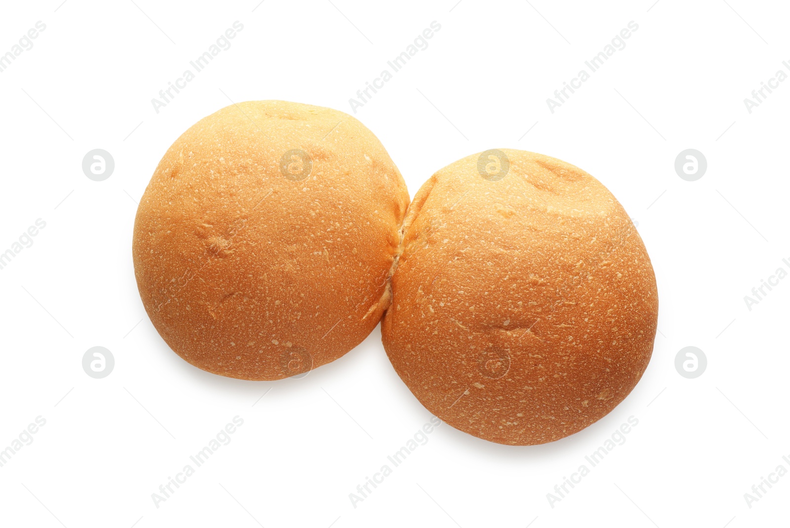 Photo of Two fresh tasty buns isolated on white, top view