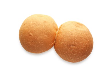 Photo of Two fresh tasty buns isolated on white, top view