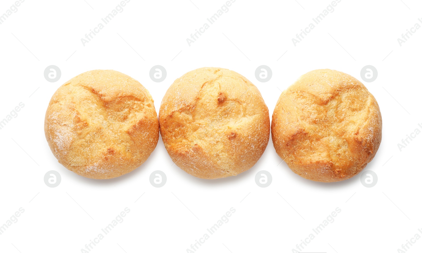 Photo of Homemade tasty buns isolated on white, top view