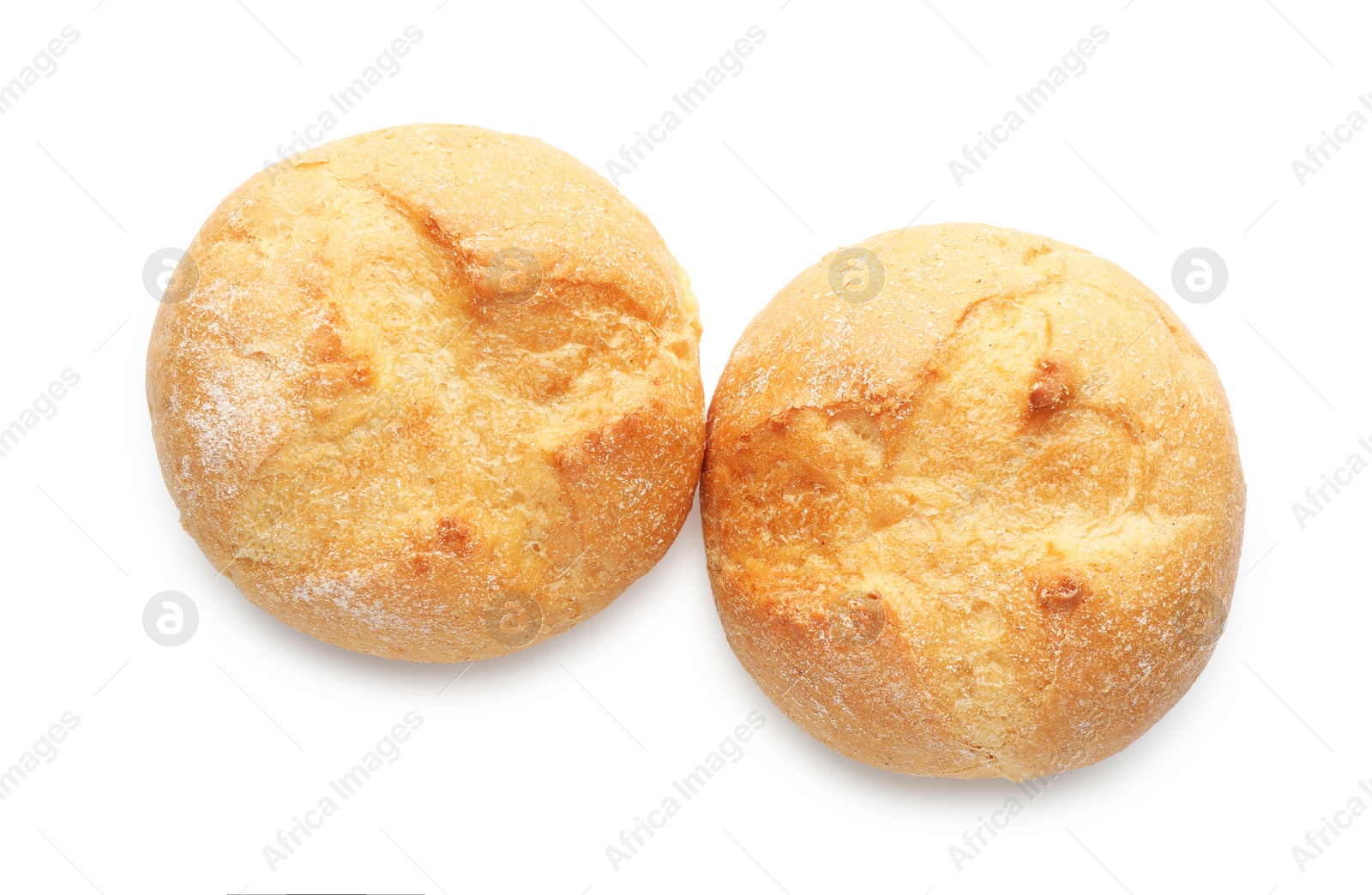 Photo of Homemade tasty buns isolated on white, top view