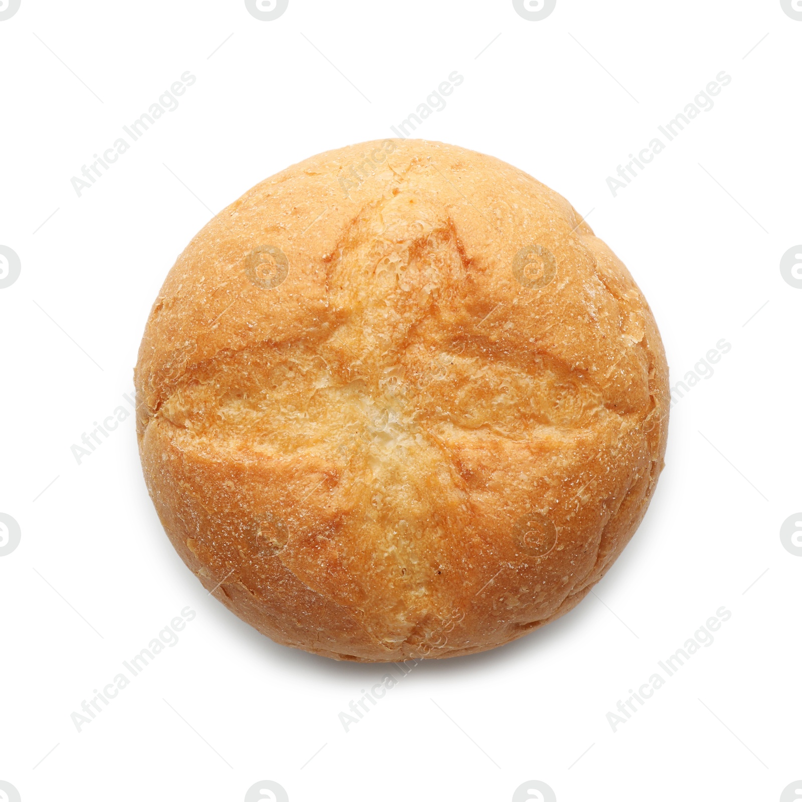 Photo of One homemade tasty bun isolated on white, top view