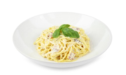 Photo of Delicious pasta Carbonara in bowl isolated on white