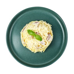 Photo of Delicious pasta Carbonara isolated on white, top view