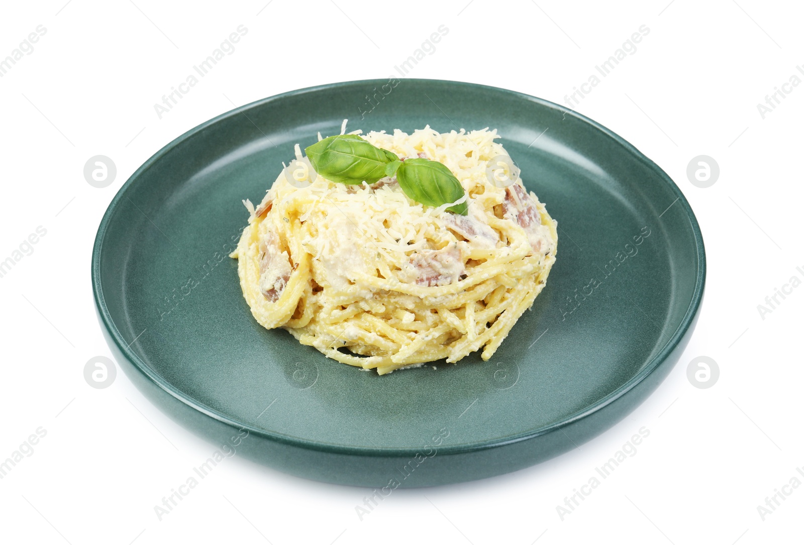 Photo of Delicious pasta Carbonara with basil isolated on white