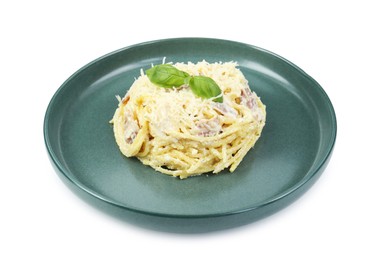 Photo of Delicious pasta Carbonara with basil isolated on white