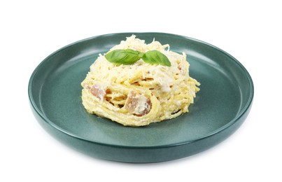 Photo of Delicious pasta Carbonara with basil isolated on white