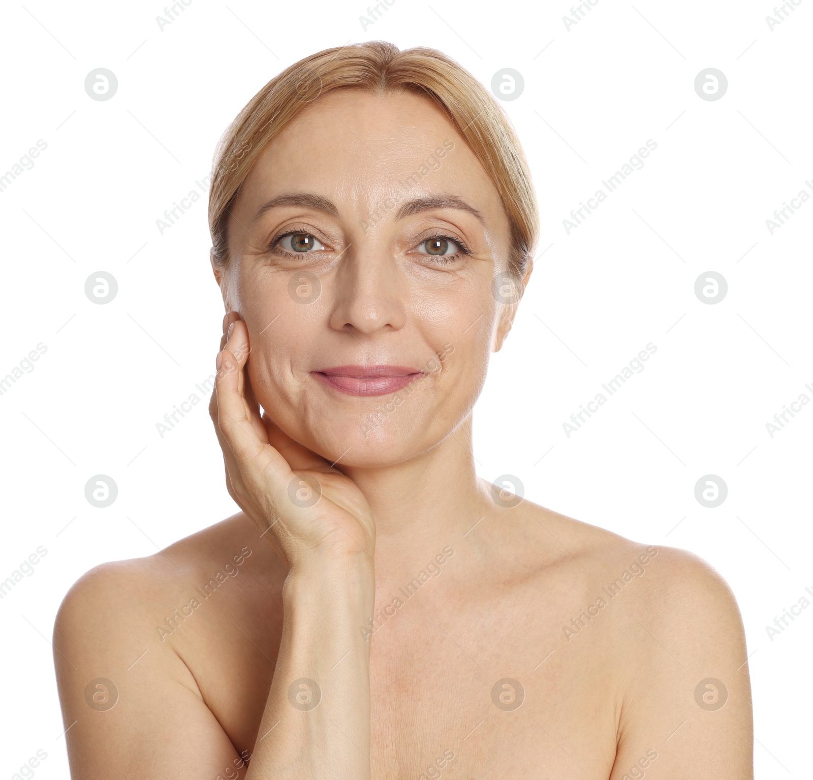 Photo of Portrait of beautiful woman with healthy skin on white background