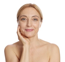 Portrait of beautiful woman with healthy skin on white background