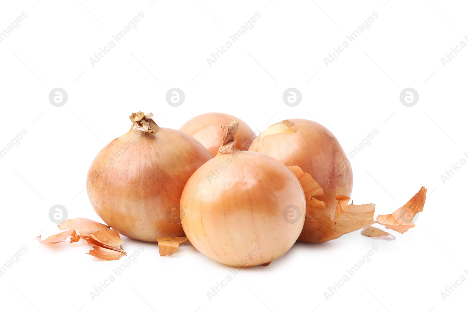 Photo of Fresh onions with peels isolated on white