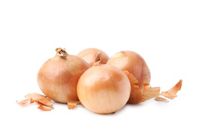 Photo of Fresh onions with peels isolated on white