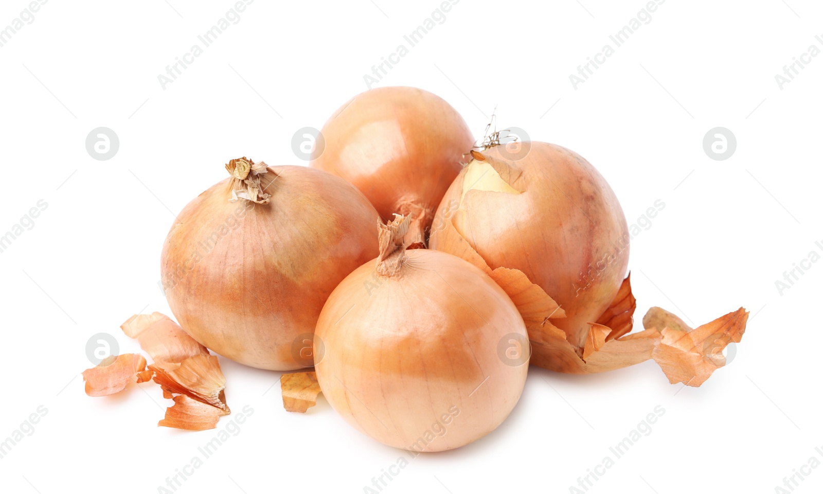 Photo of Fresh onions with peels isolated on white