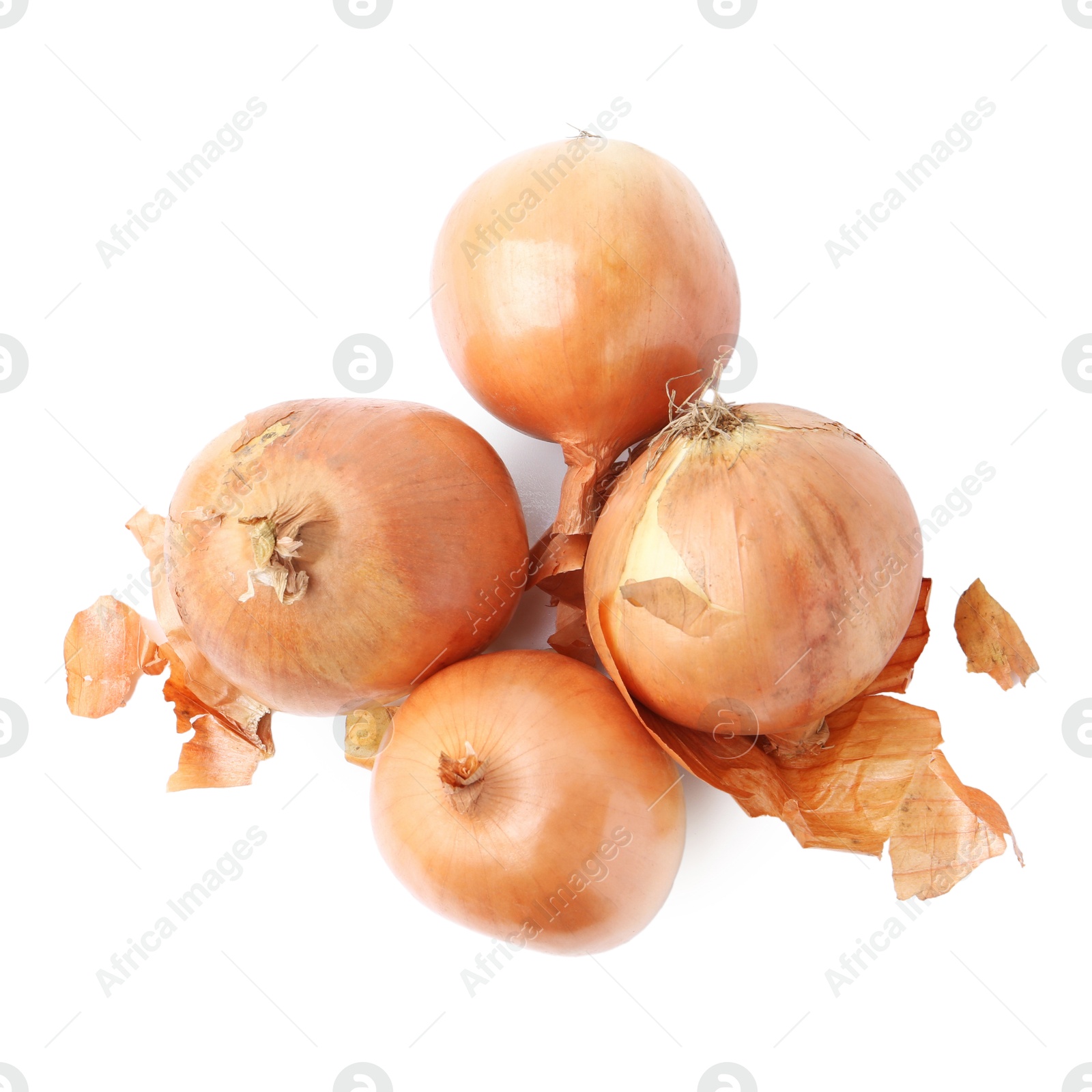 Photo of Fresh onions with peels isolated on white, top view