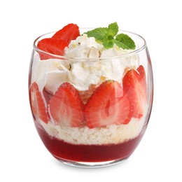 Photo of Tasty trifle dessert. Sponge cake, strawberries, jam and whipped cream in glass isolated on white