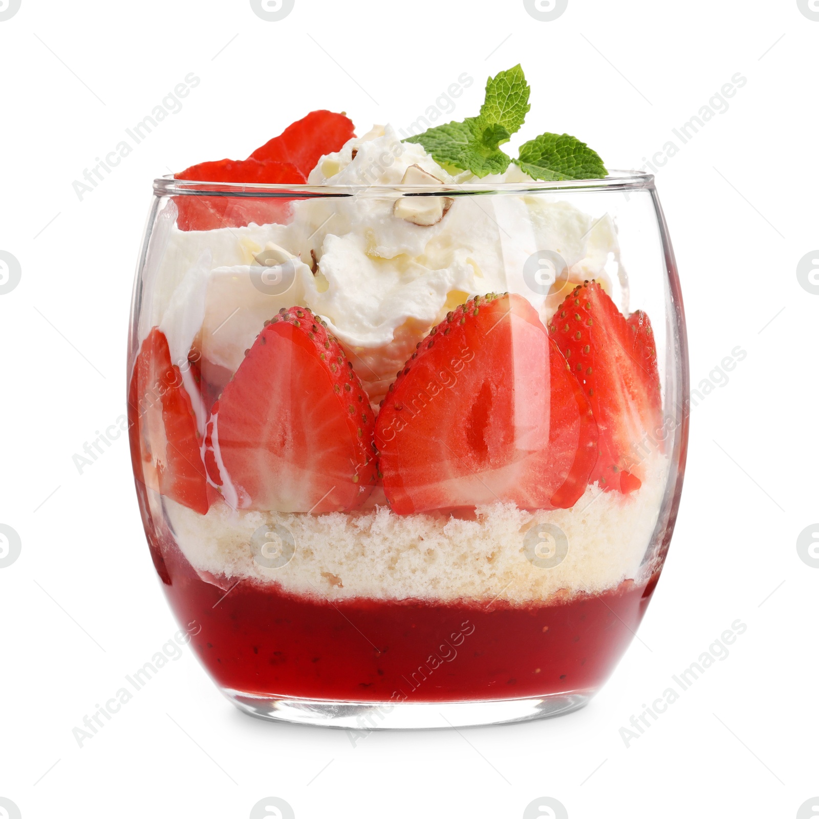 Photo of Tasty trifle dessert. Sponge cake, strawberries, jam and whipped cream in glass isolated on white