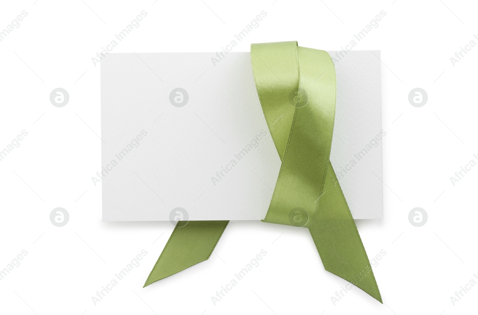 Photo of Blank card and olive ribbon isolated on white, top view