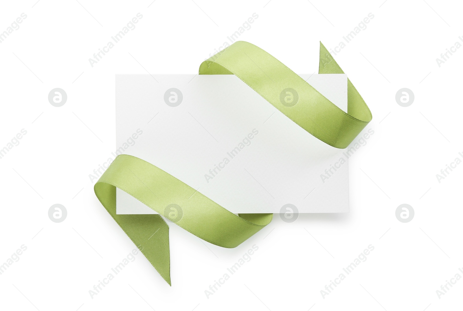 Photo of Blank card and olive ribbon isolated on white, top view