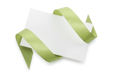 Photo of Blank card and olive ribbon isolated on white, top view