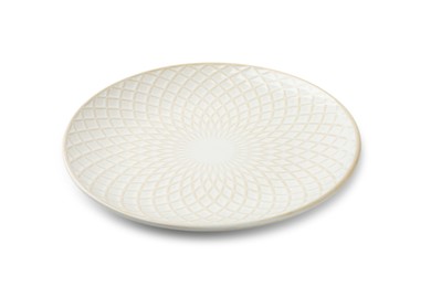 Photo of One empty ceramic plate isolated on white