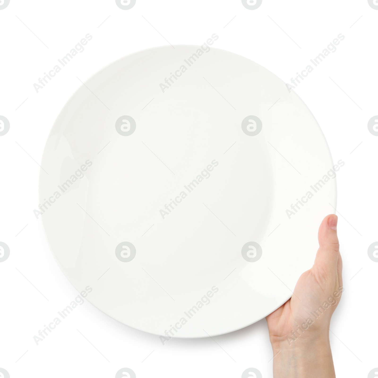 Photo of Woman with empty ceramic plate on white background, top view