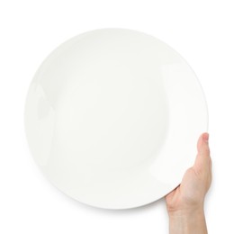 Photo of Woman with empty ceramic plate on white background, top view