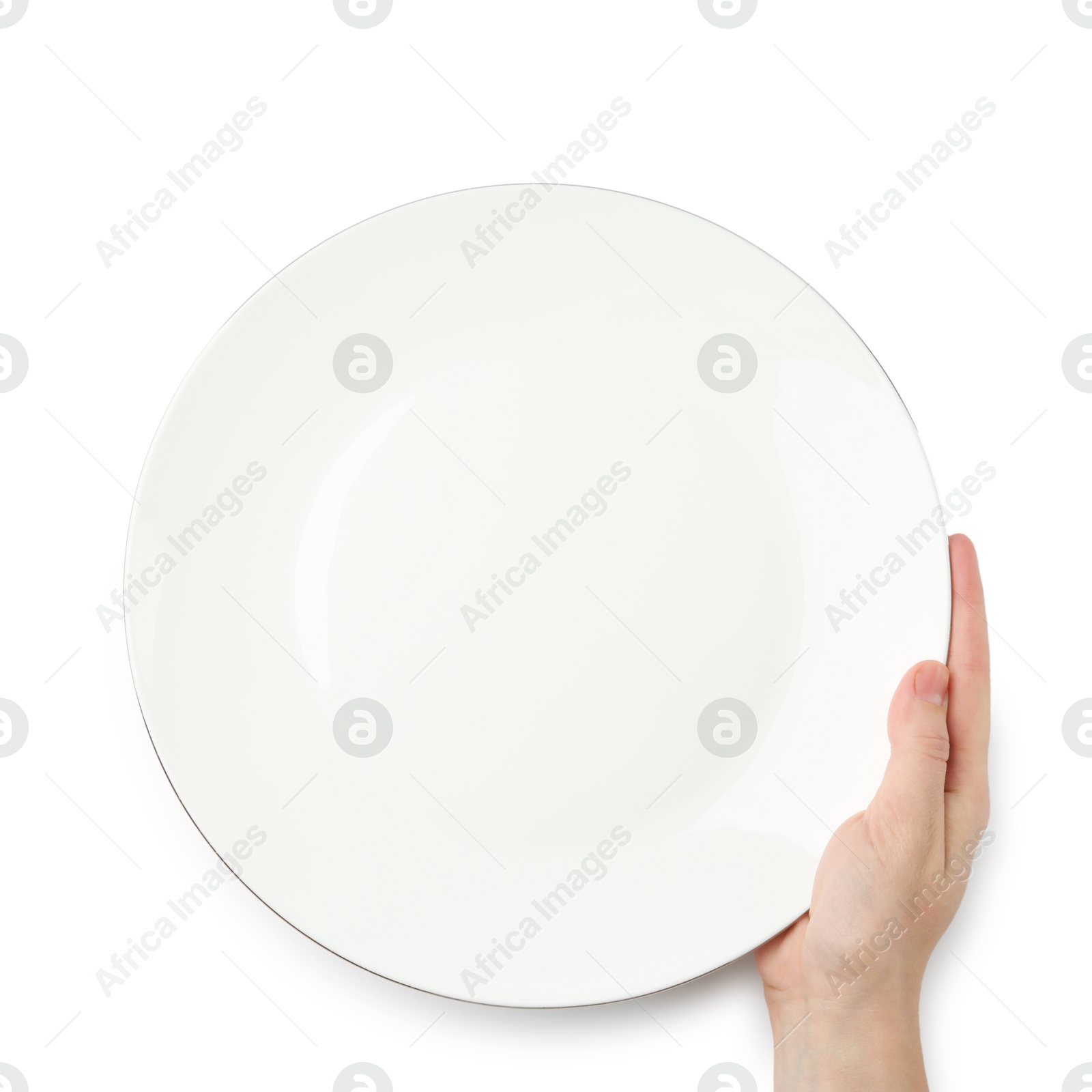 Photo of Woman with empty ceramic plate on white background, top view