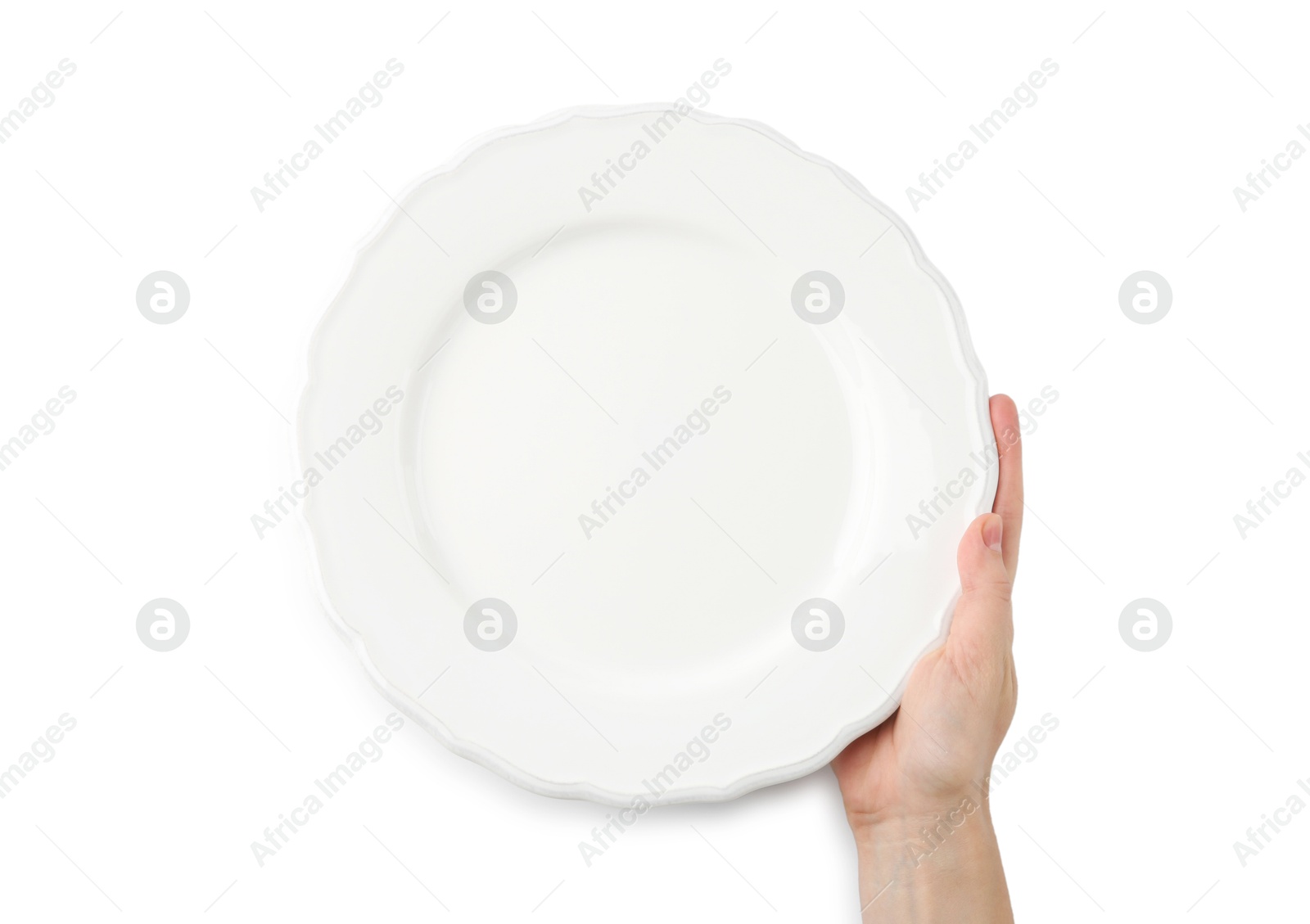 Photo of Woman with empty ceramic plate on white background, top view