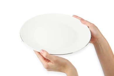 Photo of Woman with empty ceramic plate on white background, closeup